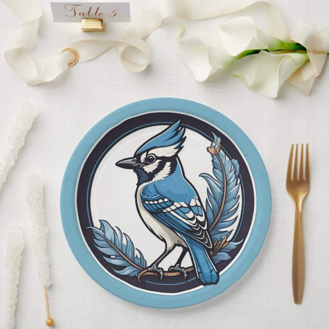 Assiettes En Carton Bleu Jay Oiseau et plumes Bleu (Mariage)