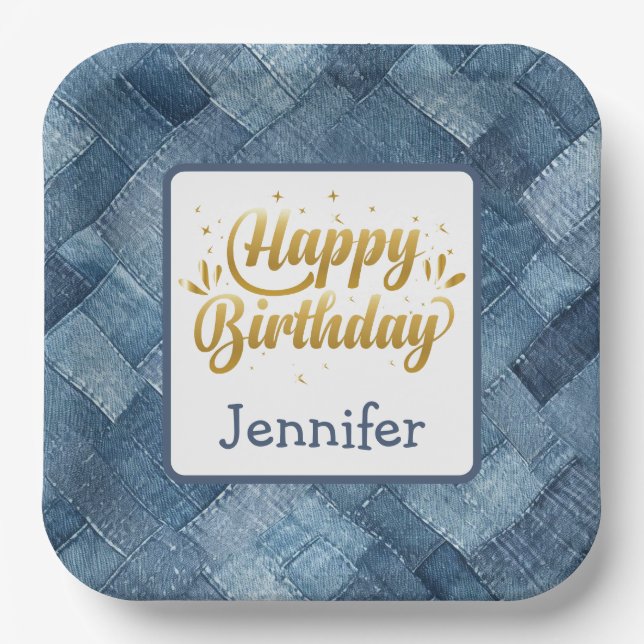 Assiettes En Carton Bleu Jean Denim Plaque papier d'anniversaire (Recto)