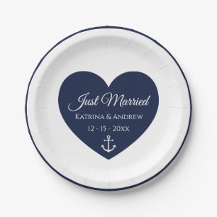 Assiettes En Carton Bleu Marine de coeur Nautique juste marié Mariage