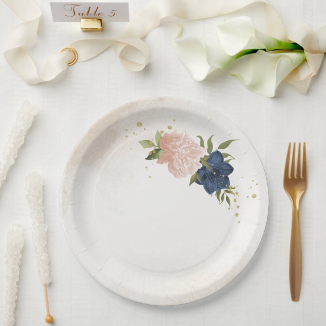 Assiettes En Carton bleu marine fleurs vert feuille mariage (Mariage)