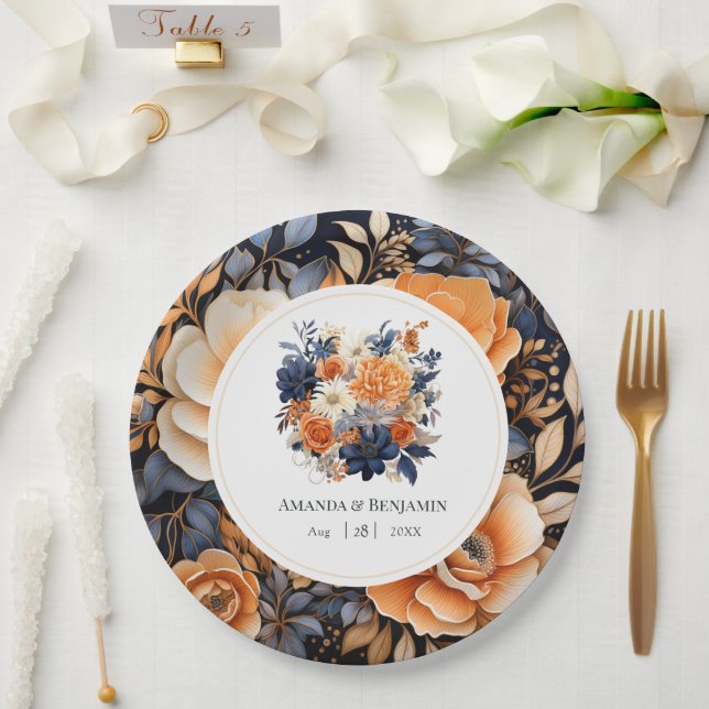 Assiettes En Carton Bleu marine, orange brûlé et Mariage de fleurs de  (Mariage)