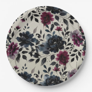 Assiettes En Carton Bleu minuit Bourgogne floral aux amandes mariage