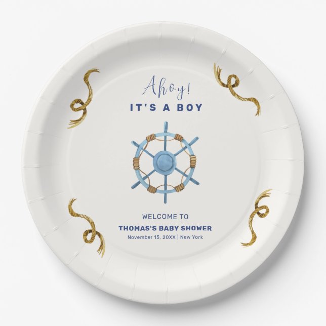 Assiettes En Carton Bleu moderne Ahoy Nautical Boy Baby shower (Devant)