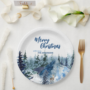 Assiettes En Carton Bleu Moderne Merry xmas arbres forêt pludeer