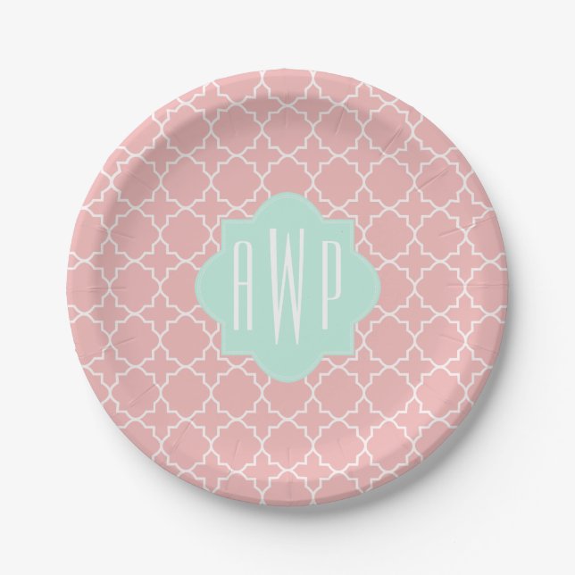 Assiettes En Carton Bleu + Monogramme de corail Quatrefoil (Devant)