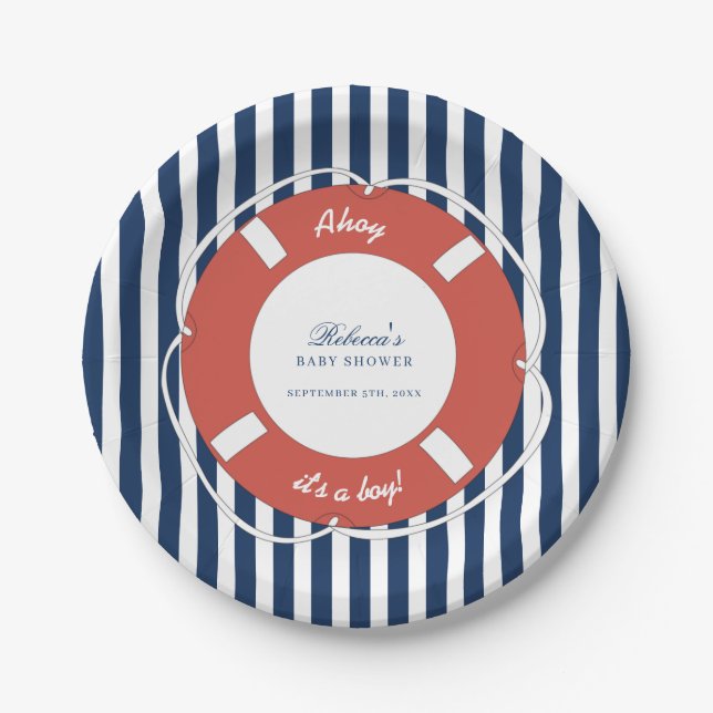 Assiettes En Carton Bleu nautique Baby shower rayé garçon (Devant)
