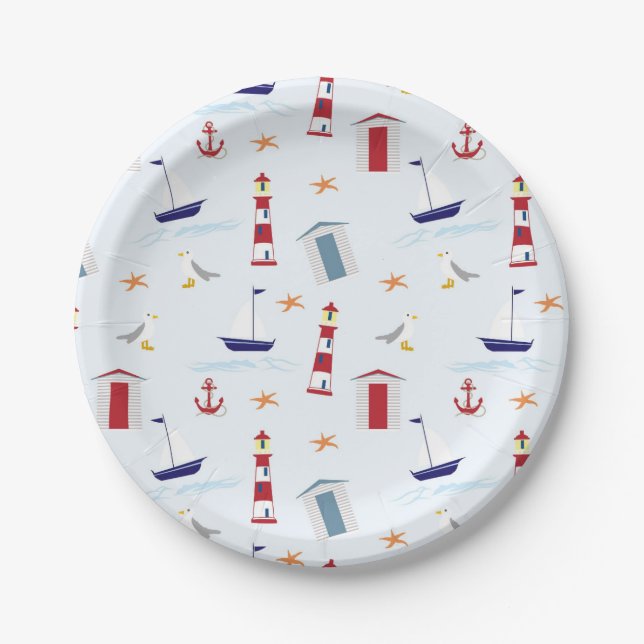 Assiettes En Carton Bleu nautique phare Ancre rouge Starfish (Devant)