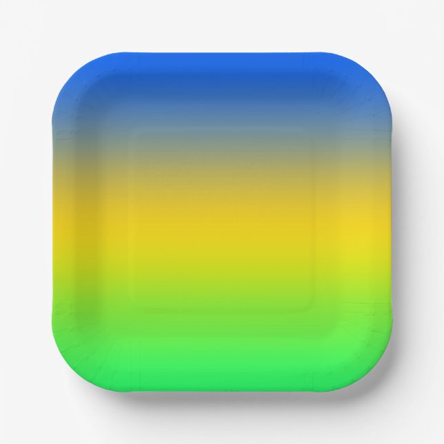 Assiettes En Carton Bleu néon, jaune, dégradé vert, ombre. (Recto)