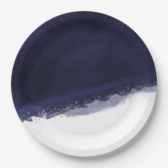 Assiettes En Carton Bleu Nuit Aquarelle Et Moderne Chic Élégant Doré (Devant)