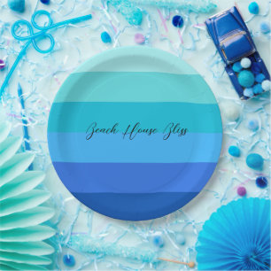 Assiettes En Carton Bleu océan et vert rayé