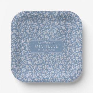 Assiettes En Carton Bleu Pâle et Motif Floral Bohème Gris Blanc