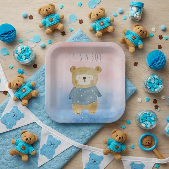 Assiettes En Carton Bleu pastel ours mignon c'est un garçon (Blue pastel cute bear it's a boy paper plates.)