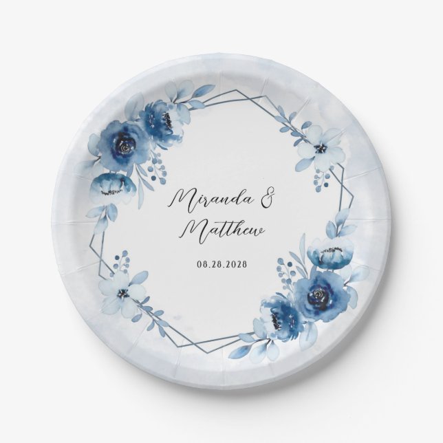 Assiettes En Carton Bleu poussiéreux et Mariage floral marine (Devant)