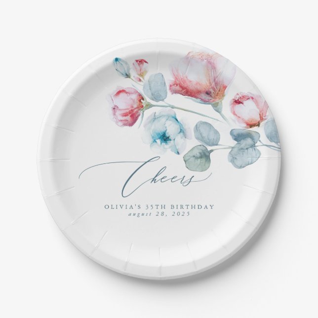 Assiettes En Carton Bleu poussiéreux Fleurs roses Élégant Romantique (Devant)