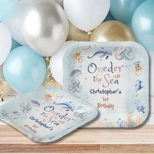 Assiettes En Carton Bleu Premier anniversaire sous la mer pour garçons