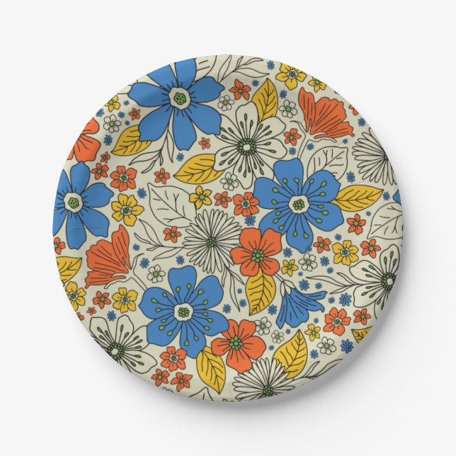 Assiettes En Carton Bleu rétro, Jaune & Orange Floral (Devant)
