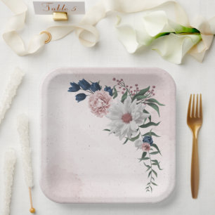 Assiettes En Carton bleu rose blanc vert fleuri mariage