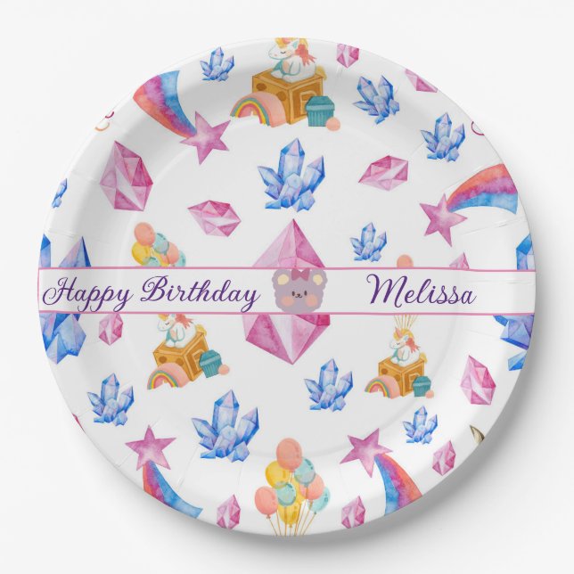 Assiettes En Carton Bleu Rose Étoiles Anniversaire Unicorn Motif (Devant)