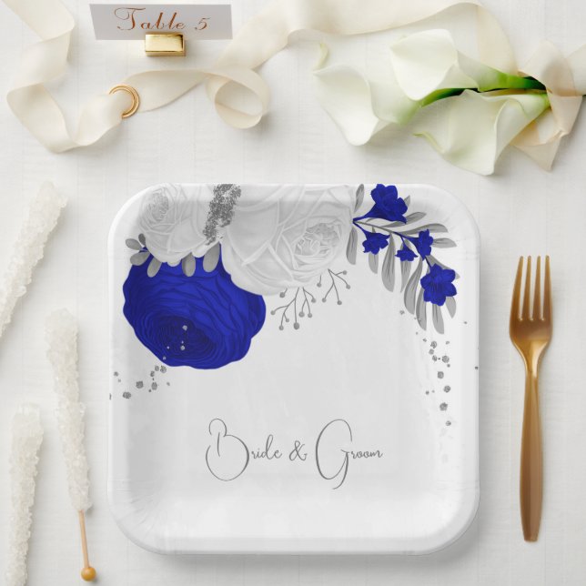 Assiettes En Carton bleu royal et fleurs blanches argent (Mariage)