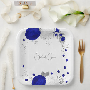 Assiettes En Carton bleu royal et fleurs blanches argent