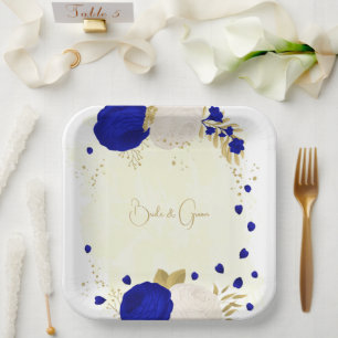 Assiettes En Carton bleu royal et fleurs blanches or