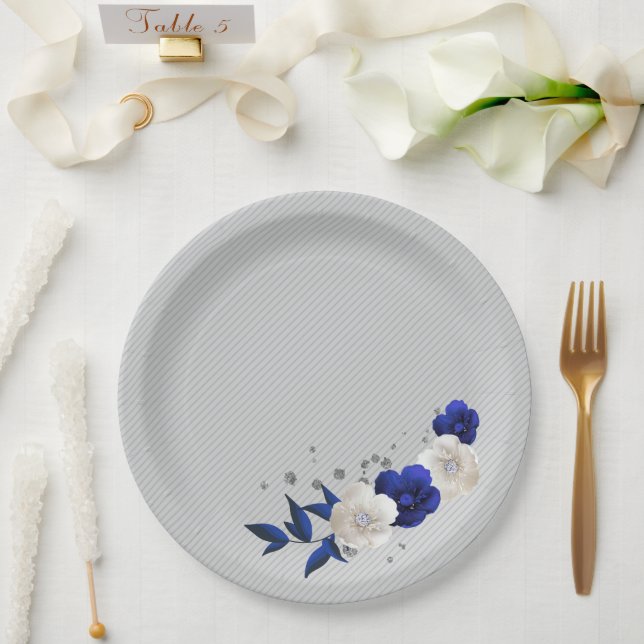 Assiettes En Carton bleu royal fleurs blanches gris (Mariage)