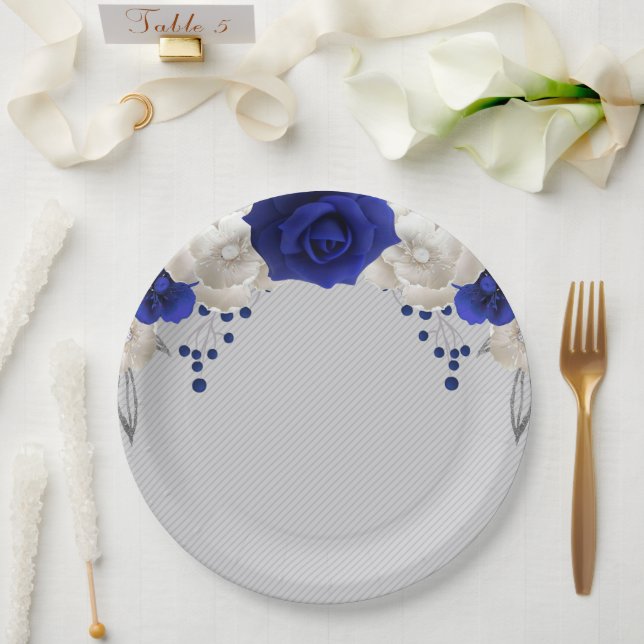 Assiettes En Carton bleu royal rose blanc fleurs gris (Mariage)