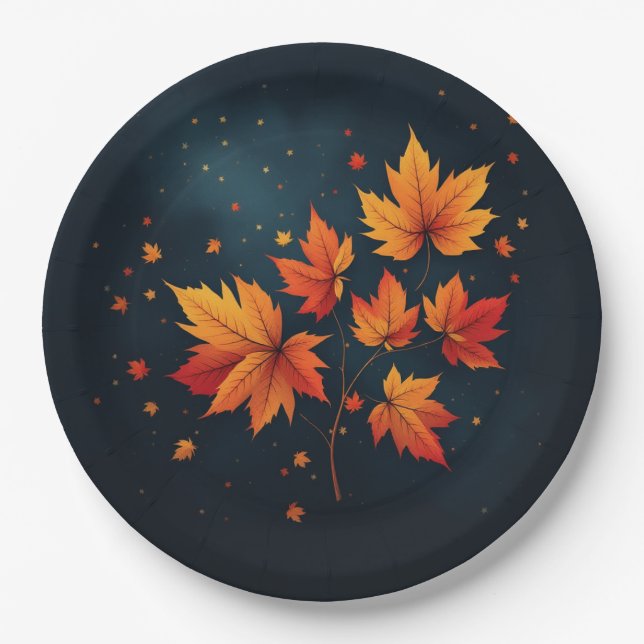 Assiettes En Carton Bleu saisonnier Automne Feuilles festifs (Devant)