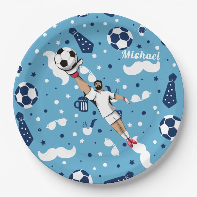 Assiettes En Carton Bleu Soccer Goalie Goalkeeper Nom de l'enfant (Devant)