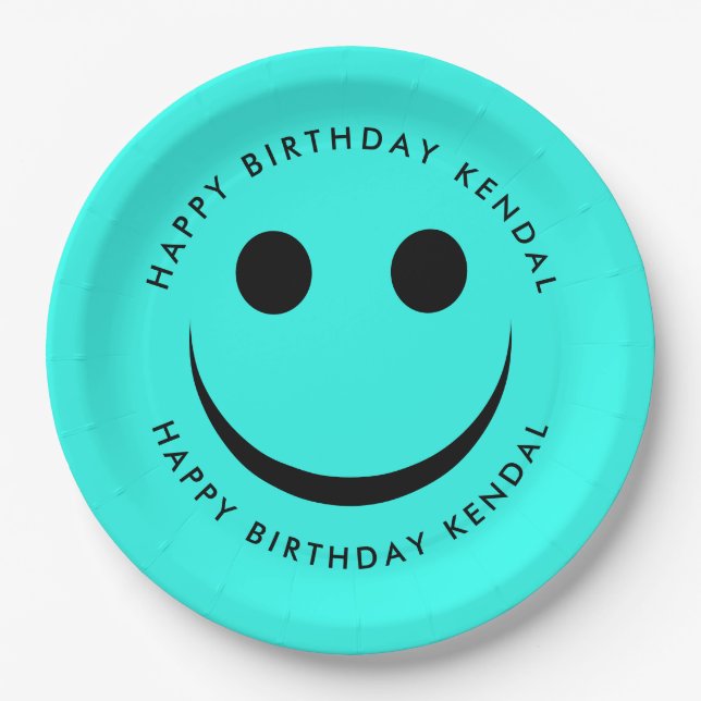 Assiettes En Carton Bleu Turquoise Happy Face Plaques de papier d'anni (Devant)