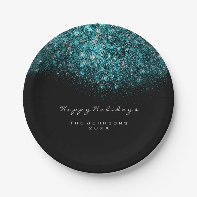 Assiettes En Carton Bleu Turquoise Parties scintillant brillante Noir  (Devant)