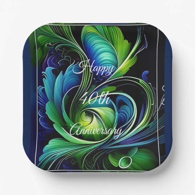 Assiettes En Carton Bleu vert feuille abstrait joyeux anniversaire (Recto)