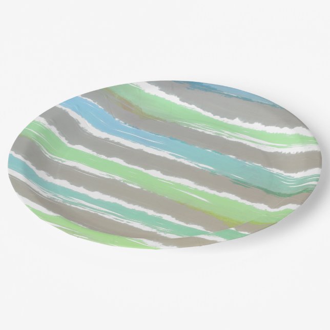Assiettes En Carton Bleu vert Gris Aquarelle rayures (Angle)