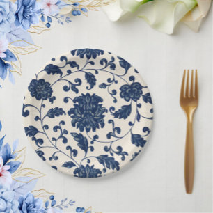 Assiettes En Carton Bleu Vintage + Blanc Floral Botanique Tourbillonna