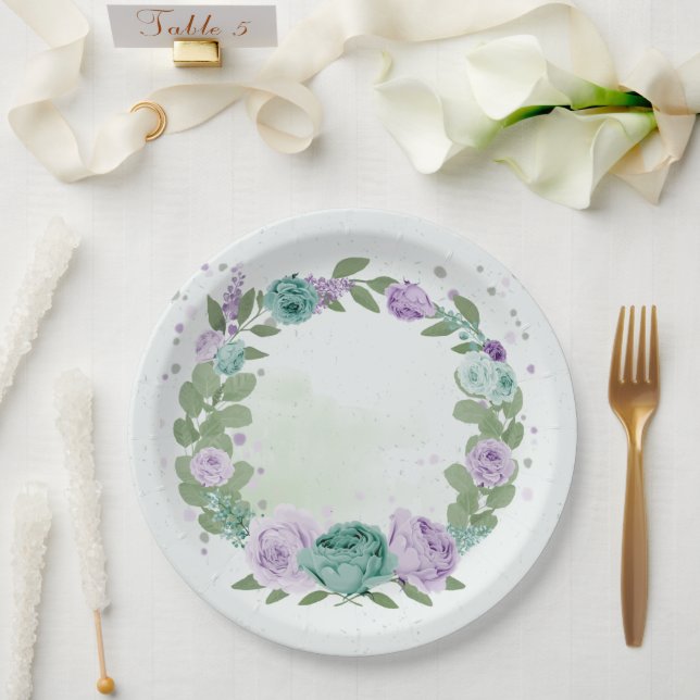 Assiettes En Carton bleu violet fleurs verdure plaque de papier botani (Mariage)