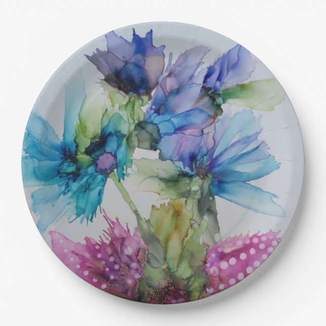 Assiettes En Carton Bleu violet rose vert rose Art Floral (Devant)