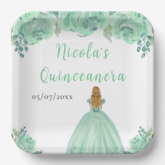 Assiettes En Carton Blonde Hair Princess Mint Floral Quinceanera (Recto)
