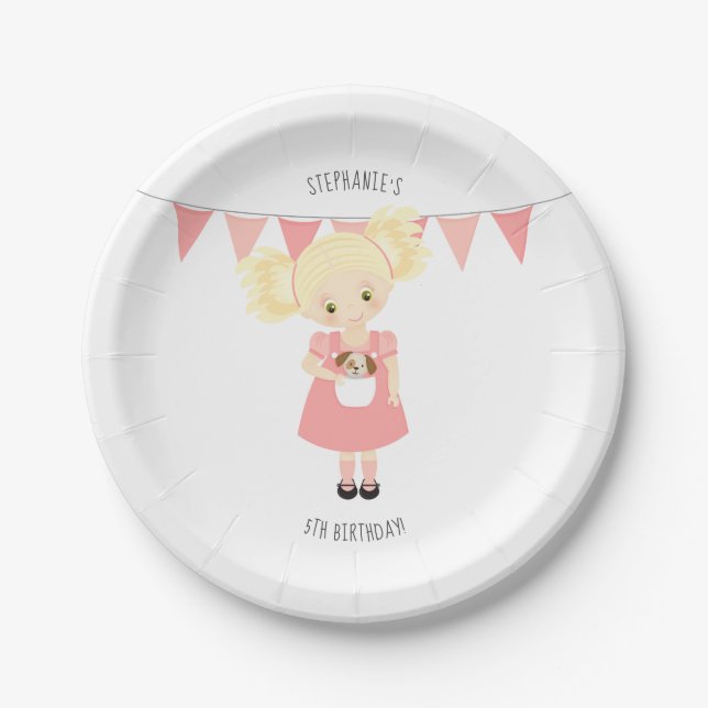 Assiettes En Carton Blonde mignonne Anniversaire fille et chiot (Devant)