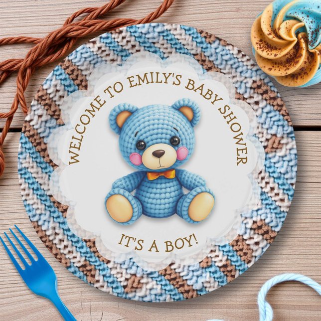 Assiettes En Carton Blue and Brown Crocheted Teddy Bear It's a Boy (Créateur téléchargé)