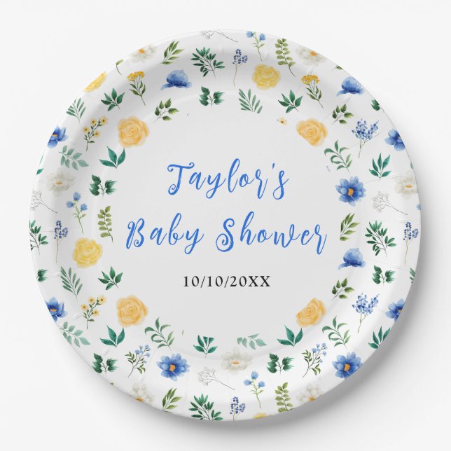 Assiettes En Carton Blue and Yellow Floral Baby Shower (Devant)