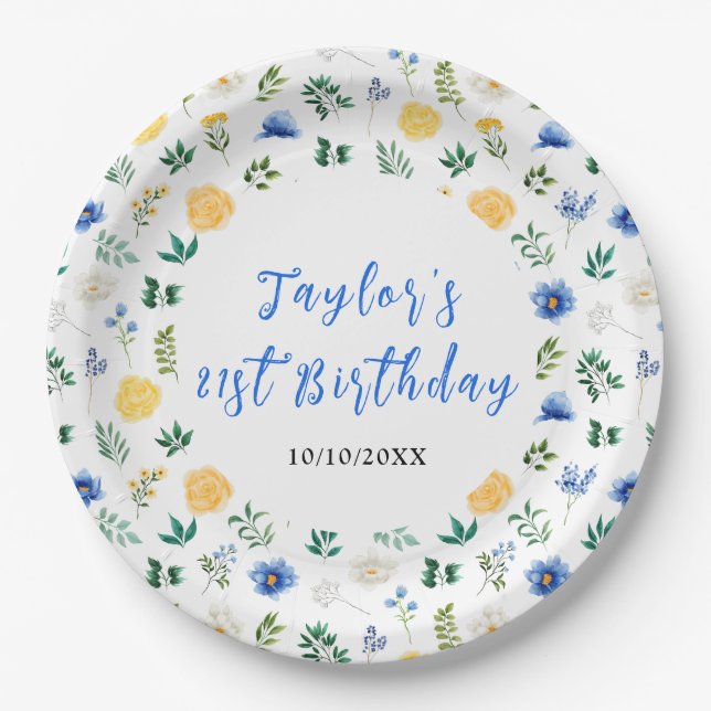 Assiettes En Carton Blue and Yellow Floral Birthday (Devant)