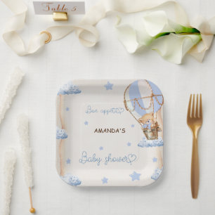Assiettes En Carton Blue Bear Hot Air Ballons Baby shower Rustique