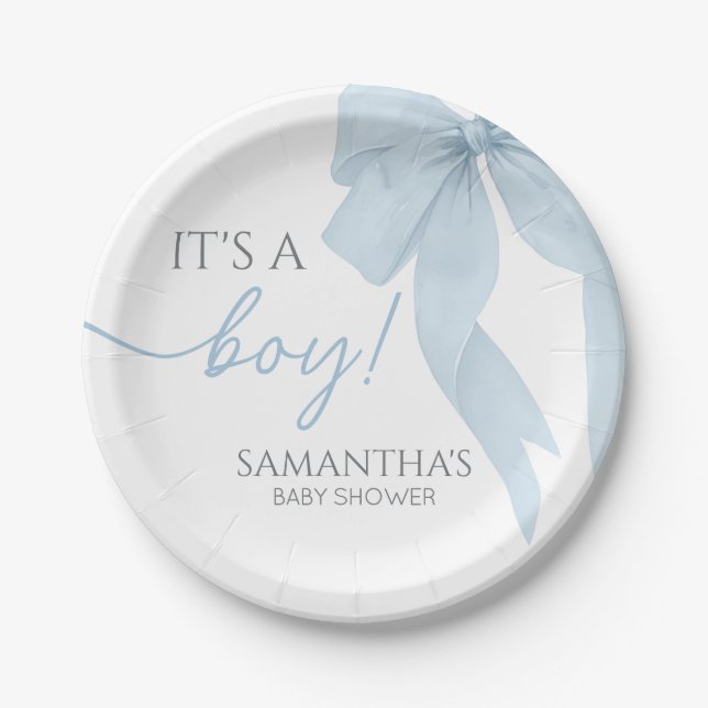 Assiettes En Carton Blue Bow C'Est Un Baby shower Garçon (Devant)