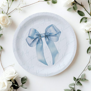 Assiettes En Carton Blue Bow Elegant calligraphie Baby shower garçon