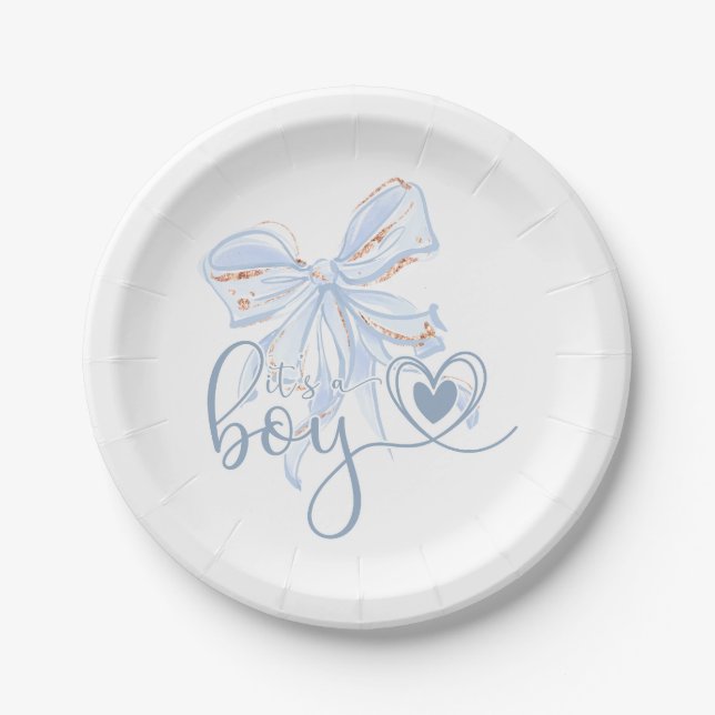 Assiettes En Carton Blue Bow tendance C'est un Baby shower garçon (Devant)