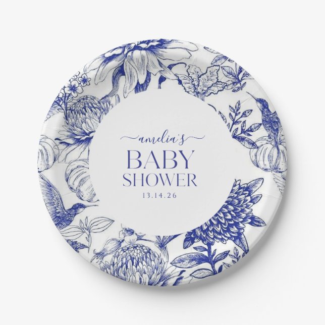 Assiettes En Carton Blue Chinoiserie Victorian Floral baby shower (Devant)