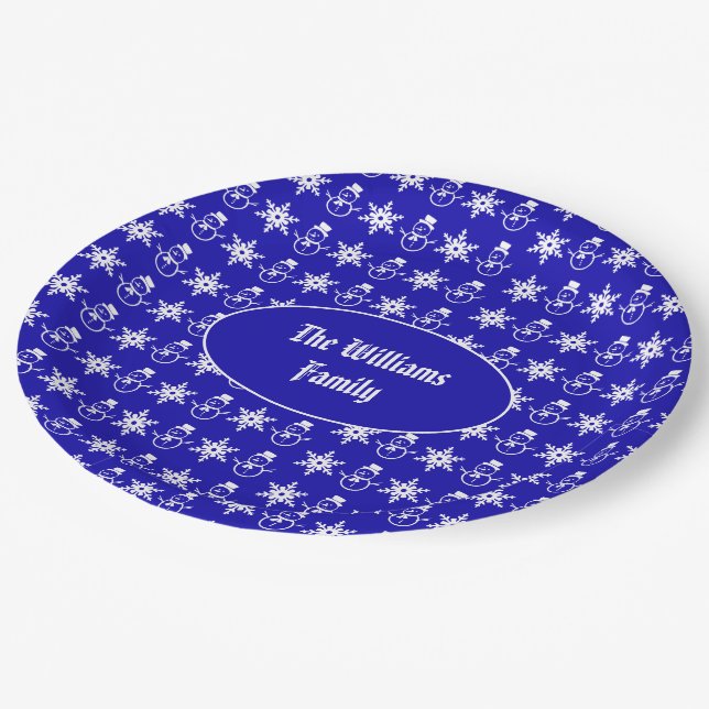 Assiettes En Carton Blue Christmas Snowman Snowflakes Motif Moderne (Angle)
