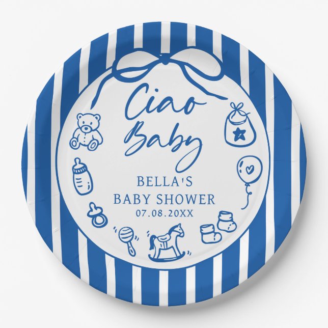 Assiettes En Carton Blue Ciao Bambino Italian Illustrated Baby Shower (Devant)