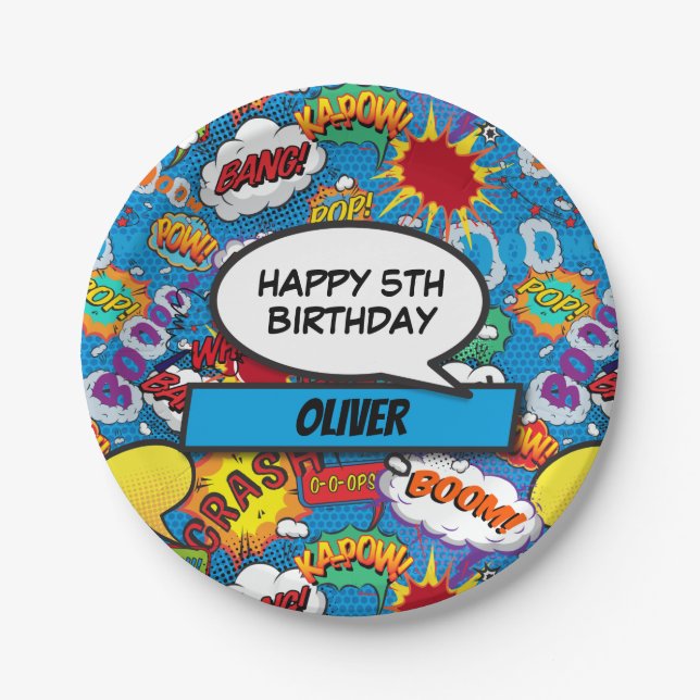 Assiettes En Carton Blue Comic Book Superhero fête d'anniversaire (Devant)