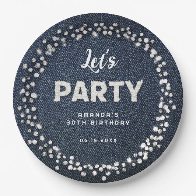 Assiettes En Carton Blue Denim Diamonds Parties scintillant Rhinestone (Devant)